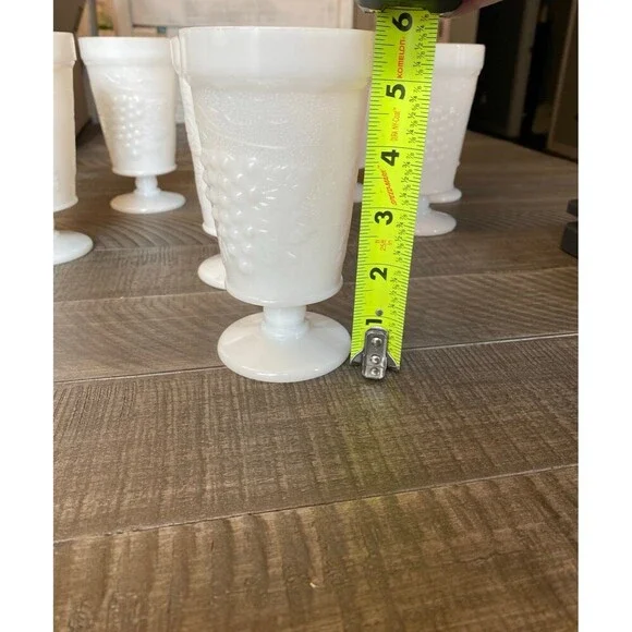 Vintage footed milk glass goblet cups with grapes and vine design - Picture 9 of 12